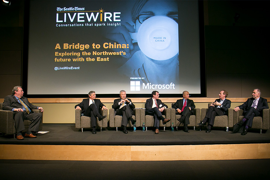 Seattle Times business columnist Jon Talton moderates a panel of preeminent experts on China. From left: Talton, Boeing Commercial Airplanes President and CEO Ray Conner, Seattle-based Dorsey & Whitney LLP Partner and Co-head of its Asia Law Practice Group Nelson Dong, Catterton Partners Senior Partner and Head of Operating Team Jimmy Hexter, Former U.S. Ambassador to China Gary Locke, Microsoft General Counsel and Executive Vice President Brad Smith, and University of Washington President Michael Young.