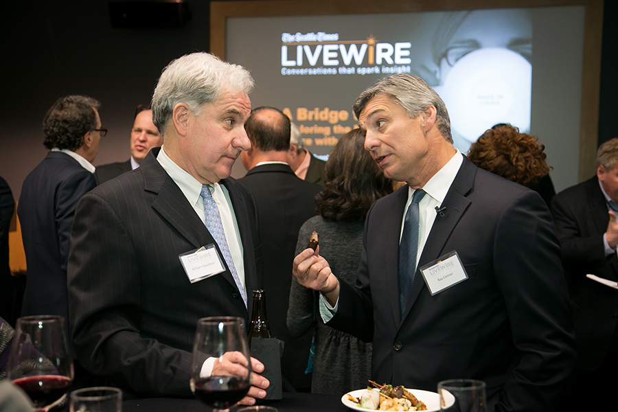 Commerce Bank of Washington Relationship Manager William Glassford (left) with Boeing CEO and panelist Ray Conner at the VIP reception.