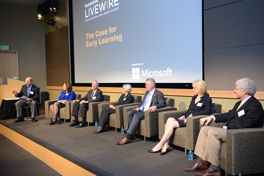 Seattle Times K-12 reporter John Higgins; Highline School District P-3 Director Anne Arnold; Tulsa County Commissioner Ron Peters; Rep. Ruth Kagi; Seattle Mayor Ed Murray; and Dr. Patricia Kuhl and Dr. Andrews Meltzoff, co-directors of I-LABS at the University of Washington.