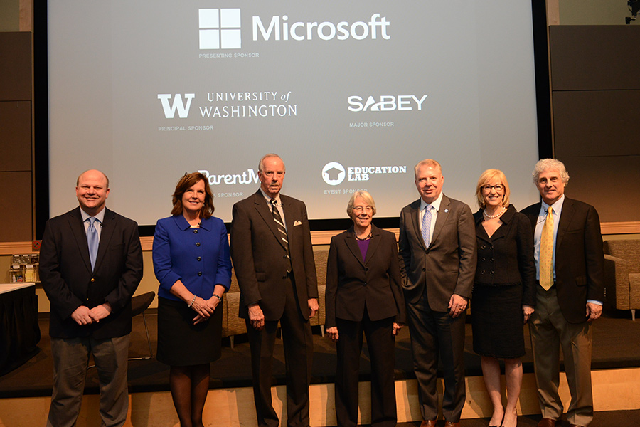 Seattle Times K-12 reporter John Higgins, Anne Arnold, P-3 director at Highline School District, Tulsa County Commissioner Ron Peters, Rep. Ruth Kagi, Mayor Ed Murray, Dr. Patricia Kuhl and Dr. Andrew Meltzoff, co-directors of I-LABS at the University of Washington.