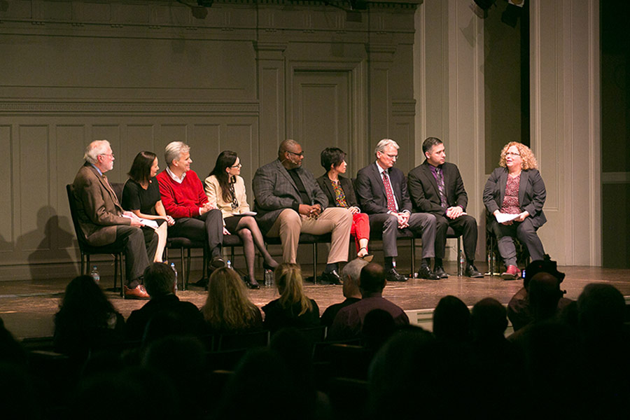 (L to R) The LiveWire panel, moderator Michael Fancher, former Executive Editor of The Seattle Times; Susan Enfield, Ed.D., Superintendent for Highline Public Schools; Washington State Senator Steve Litzow; Shelley Redinger, Ph.D., Superintendent of Spokane Public Schools; Washington State Representative Eric Pettigrew; Mia Tuan, Ph.D., Dean of the University of Washington College of Education; Steve Mullin, President of the Washington Roundtable; Jeff Charbonneau, 2013 National Teacher of the Year, Zillah High School; moderator Kate Riley, Editorial Page Editor of The Seattle Times.