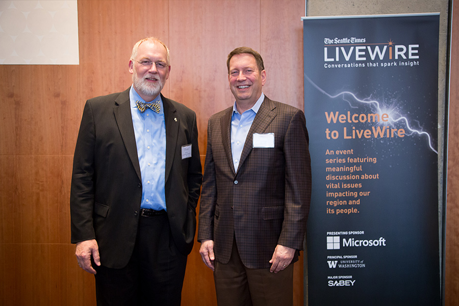 Bill Hinkle, executive director of the Rental Housing Association of Washington, with Steve Crown, vice president & deputy general counsel of Microsoft, presenting sponsor of the LiveWire series.