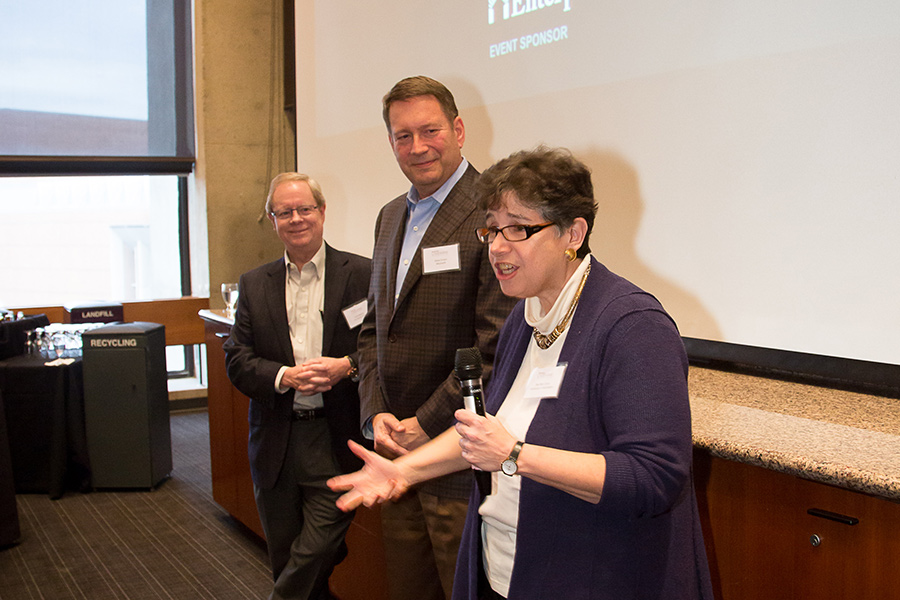 Frank Blethen, Seattle Times publisher; Steve Crown, vice president & deputy general counsel at Microsoft; and Ana Mari Cauce, interim president of the University of Washington, welcome guests to the VIP reception.