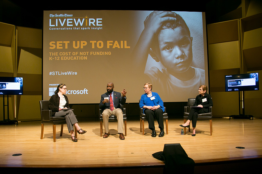 The panel, from left to right: Moderator and Seattle Times Education Reporter Claudia Rowe, 2016 Washington State Teacher of the Year Nathan Gibbs-Bowling, Treehouse CEO Janis Avery and retired Justice Bobbe J. Bridge.