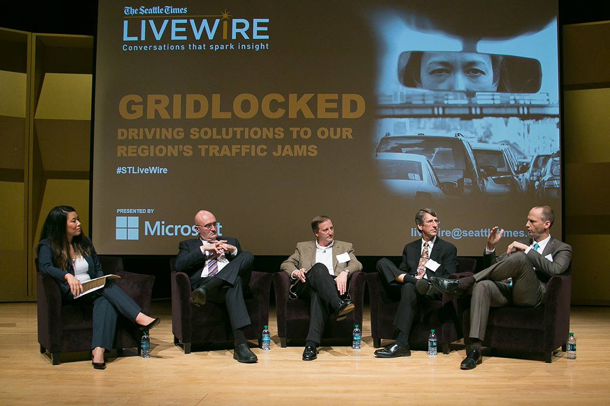 A panel of experts discusses possible solutions to the Puget Sound region’s traffic jam (l to r: moderator Thanh Tan, Jarrett Walker, Bryan Mistele, Mark Hallenbeck and Scott Kubly).