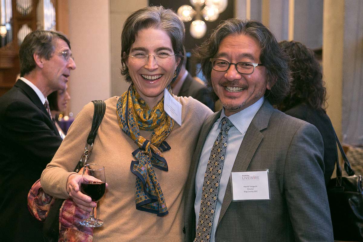Irene Plenefisch, government affairs director at Microsoft, and Harold Taniguchi, director of King County Department of Transportation, at the pre-event reception.