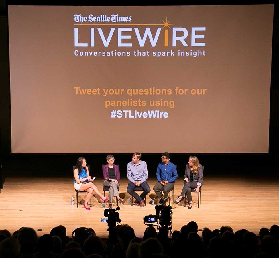 Sept. 13, 2017: LiveWire “Fact or fake: Fighting back against fake news”: A panel of media, technology and data experts including, from left, moderator Sharon Chan, Michele Matassa Flores, Jevin West, Delip Rao and Jeanne Bourgault, discuss how to preserve the integrity of a free, independent and legitimate press.