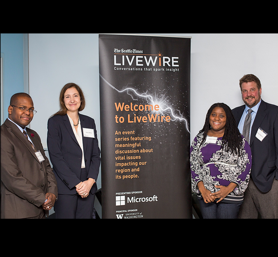 Dec. 6, 2017: LiveWire “Homework without a home: Helping homeless students in Seattle”: The LiveWire panel, from left: Jonathan Houston from Equal Opportunity Schools and, previously, the Tukwila School District; Katy Miller from the US Interagency Council on Homelessness; Katara Jordan from Building Changes and Schoolhouse Washington, and Jonathan Martin, from The Seattle Times’ Project Homeless.