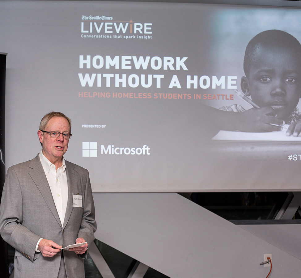 Dec. 6, 2017: LiveWire “Homework without a home: Helping homeless students in Seattle”: Frank A. Blethen, Seattle Times publisher, welcomed guests at a pre-event reception.